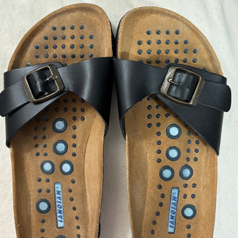 Sanosan Malaga Single Strap Black Leather Sandals Made In Spain Cork Suede Lined